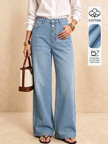 Vintage Washed Cat Whisker Button Fly Wide Leg Jeans, American Style Loose Straight Leg Pants For Women - أزرق فاتح - مشاهدة 1