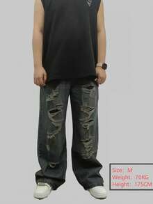 1 chiếc quần jean nam denim rách gấu kiểu vintage, dáng rộng ống loe, phong cách hiphop đường phố, quần jean denim bạc màu. - Màu xanh bụi bặm - Xem 10