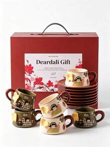 DearDali 12件組（6個杯子+6個杯托）陶瓷咖啡杯與杯托套組，3D蝴蝶女孩INS風卡通禮盒裝，適用於果汁、咖啡或茶，居家桌面裝飾，生日節日禮物，趣味送禮杯 - 彩色 - 查看 11