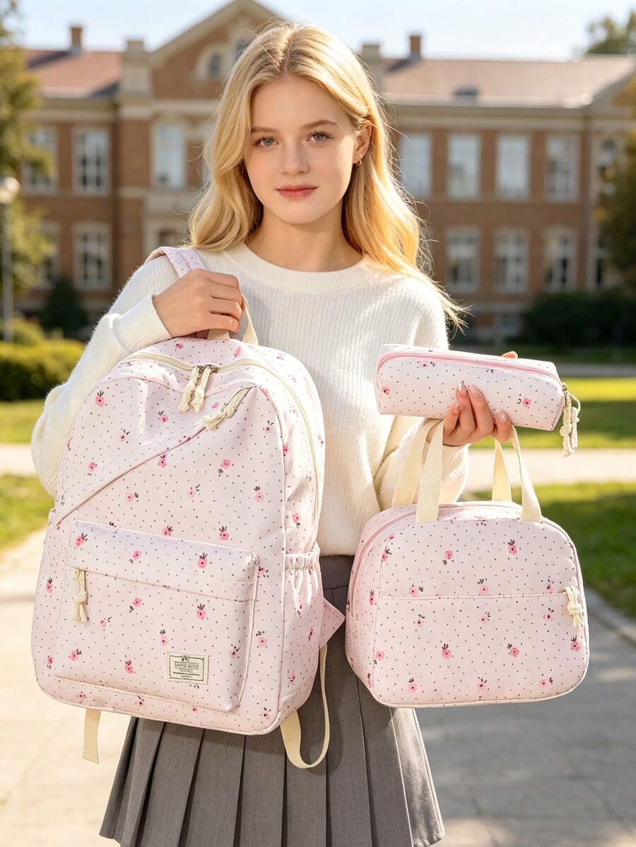 1 Set Fashionable College Style Polka Dot/Floral Pattern Backpack Set, Includes Backpack, Lunch Bag And Pencil Case, With Laptop Compartment, Adjustable Shoulder Straps, Multi-Pocket Large Capacity, Multi-Function School Bag Set, Suitable For Girls/Teenagers/College Students/Graduates Daily Use/Vacation/Travel/Back To School. - 2245 - View 1