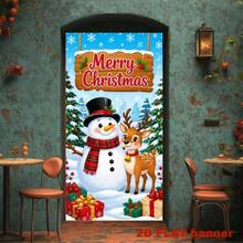 Fondo de pancarta plano 2D con temática navideña que presenta lindos muñecos de nieve, renos, árboles de Navidad, cajas de regalo y copos de nieve, impreso con el texto "Feliz Navidad". Hecho de material de poliéster, sin fuente de alimentación requerida para un uso conveniente. - Ver 4