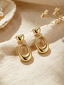 Shescity 1 Pair Brass Heart-Shaped Luxury High-End Earrings For Women, Daily Commute Outfit Studs - Gold - View 2
