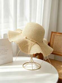 1pc Women's Woven Straw Hat, Wavy Ruffle Wide Brim Soft Hat, Pearl Decor Side Bow, Lightweight Foldable UV Protection Breathable - A - View 7