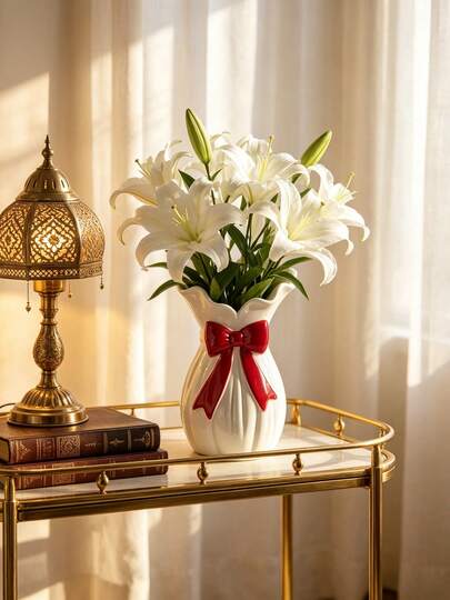 Elegant White Lily Vase With Red Bow, Home Decor, Living Room Bedroom Tabletop Centerpiece, Wedding Gift, Bohemian Modern Farmhouse Style, Spring Decoration, Floral Arrangement, Shelf Styling, Minimalist Aesthetic