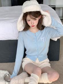 Autumn/Winter Korean Sweet Casual Style Bow Embroidery Knit Cardigan Women, Blue Preppy Style Cropped Top, Style Fall - Blue - View 3