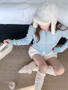 Autumn/Winter Korean Sweet Casual Style Bow Embroidery Knit Cardigan Women, Blue Preppy Style Cropped Top, Style Fall - Blue - View 4