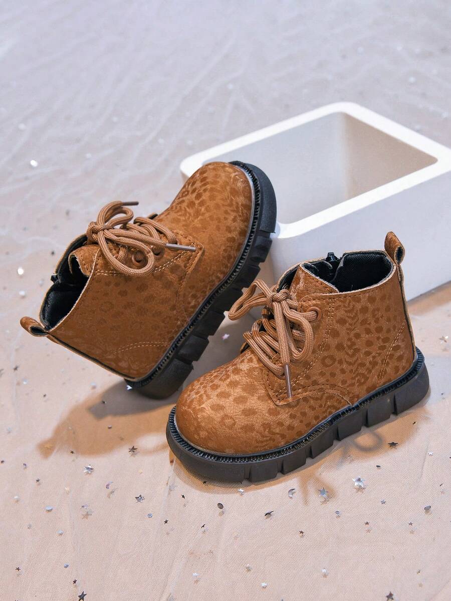 Girls' Stylish Leopard Print Ankle Boots, Autumn/Winter New Single-Layer Leather Boots, Versatile Boots For Mid-To-Large Children, Boys' Leather Boots - Brown - View 1