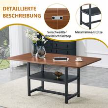 Rectangle Dining Table Industrial Style Walnut Finish, Seats 4-6 People, With Shelf And Black Metal - 黑胡桃木 - 查看 6