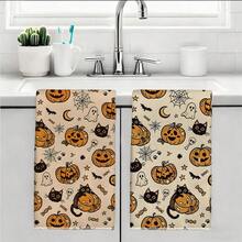2pcs Halloween Cartoon Black Cat Pumpkin Seamless Pattern Kitchen Towels, Rectangular Microfiber Kitchen Towels, Dish Cloths, Scouring Pads, Hand Towels, Cooking Baking Tea Towels, Kitchen Decor, Housewarming Gift, Birthday Gift, Bathroom Cleaning Wipes, Decorative Towels - Multicolor - View 10