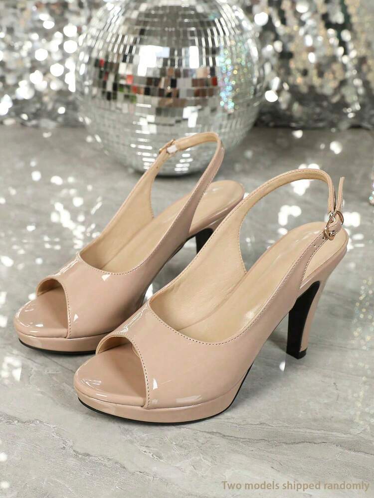 Queenigma Women's High Heel Shoes Solid Color Glossy Patent Leather PU Soft Pink High Heels Round Toe Front Platform Thick Sole Peep Toe Open Back Buckle Chunky Heel Versatile Nightclub Party Vacation Banquet Glamorous Elegant Women's Shoes - Pink - View 6