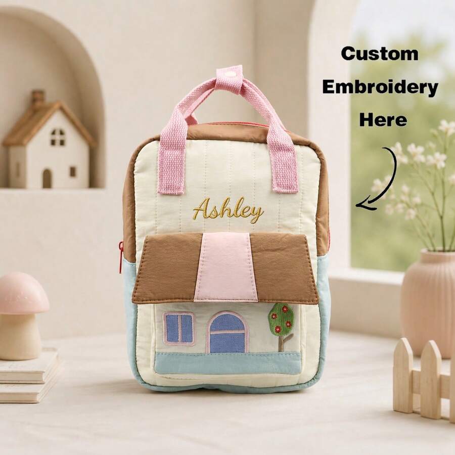 Personalized Quilted Mini Backpack With Embroidered House Design, Color Block Small Backpack, Lightweight Casual Bag With Adjustable Straps For Daily - Multicolor - View 1