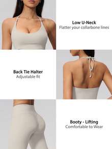 NcmRyu Women's One Set Solid Color Halter Tie U-Neck Backless Cropped Tank Top & High Waist Ankle Pants Sports Set - Grey - View 4