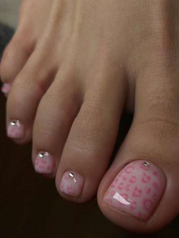 24pcs Press On Toe Nails Art Pink Leopard Print Point Drill Style Toe Nails Women Press On Acrylic Nails