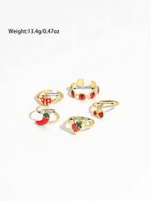 Juego de 5 anillos apilables estilo INS con esmalte falso de goteo rojo, diseño divertido de verduras, mariquita, fresa y chile para mujer - Dorado - Ver 6