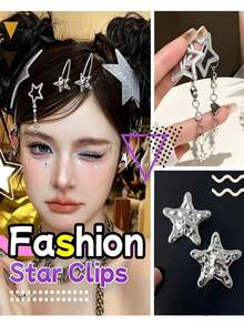22pcs Personalized Star Hair Clip Set, Metal Star Gothic Style Hair Clips, Hair Chains, Hair Accessories, Y2K Hip Hop Sweet Style - Silver - View 2