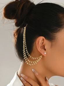 1pc Fashion Luxury Multi-Layer Faux Pearl One-Piece Ear Hook Hair Accessory, Dual-Use Long Dangle Design For Women, Suitable For Banquet, Wedding, Date, Valentine's Day, Birthday Gift - Golden - View 3