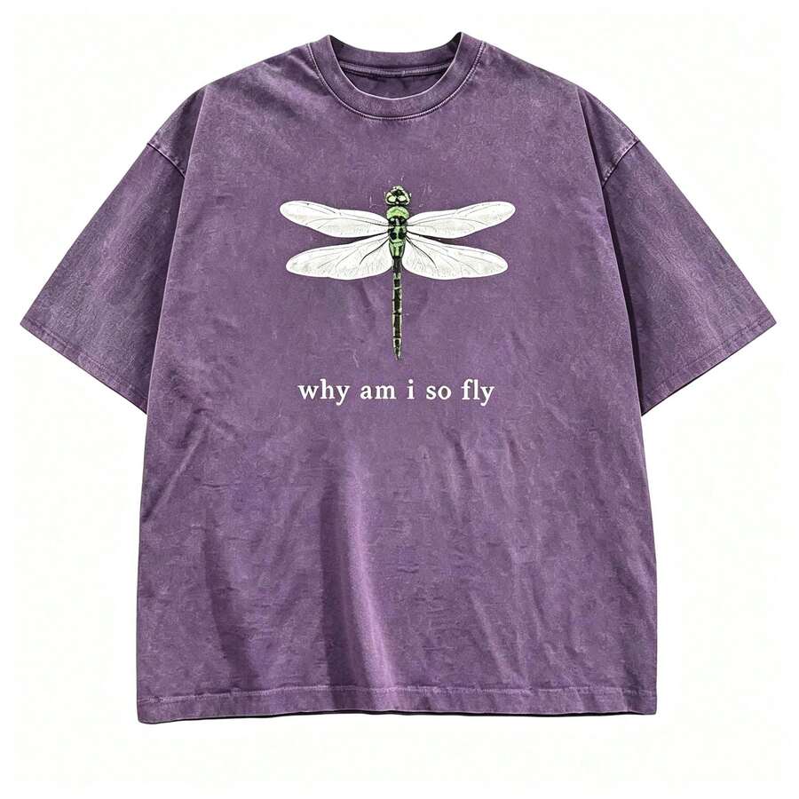 100% Cotton Geographic Inspired Dragonfly Graphic Baby T Shirt For Men And Women |  Exquisite Design |  Loose And Comfortable | Shirts Y2k - 水洗紫色 - 查看 1