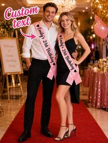 1pc Customizable Hot Pink Birthday Sash With Any Name/Age Number, Personalized Black Letter Happy Birthday Satin Shoulder Strap Perfect For Sweet 16Th - Multicolor - View 3
