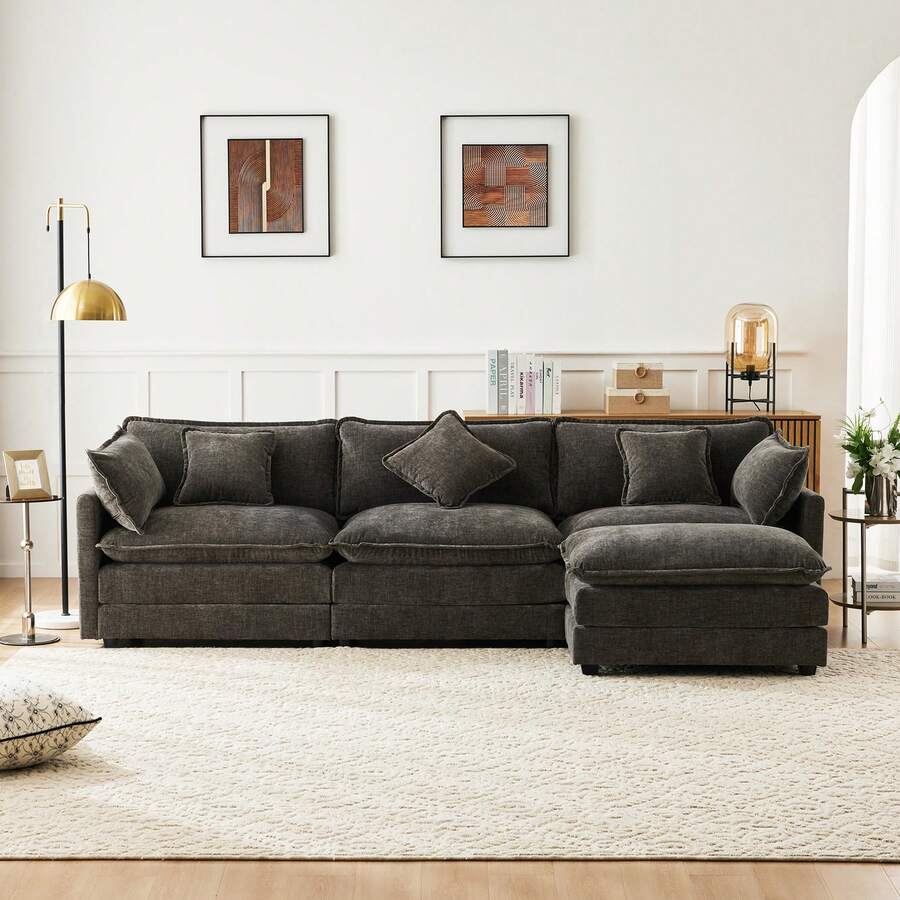 Modern L-Shaped Corner Sofa In Chenille - 3 Seat With Armrests, Dark Grey - Dark Grey 3 Seat - View 1