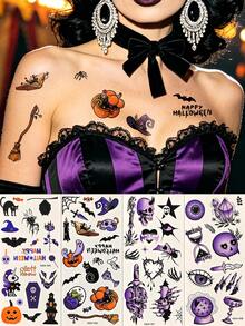 4pcs Purple Gothic Halloween Temporary Tattoo Sticker Set, Scary Witch, Skull, Bat & Crystal Tattoo Stickers, Waterproof Temporary Tattoos For Halloween Party & Cosplay - Multicolor - View 13