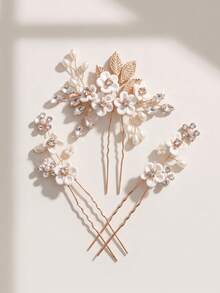 3pcs French Fairy White Flower Pearl Rhinestone U-Shaped Hair Pins, Bridal Wedding Updo Hair Accessories, Handmade Woven Alloy Hair Ornament Set - Gold - View 3