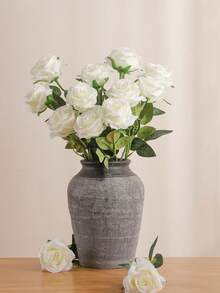 1PC Artificial Rose Bouquet, Realistic Silk Fake Roses With Long Stem, Faux Flower Arrangement For Autumn Home Decor, Bridal Shower, Thanksgiving Party Table Centerpiece, Indoor Vase Decoration, Fall Holiday Floral Ornament - White - View 1