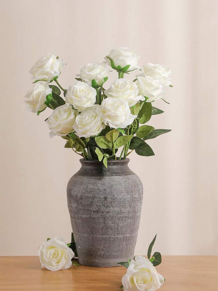 1PC Artificial Rose Bouquet, Realistic Silk Fake Roses With Long Stem, Faux Flower Arrangement For Autumn Home Decor, Bridal Shower, Thanksgiving Party Table Centerpiece, Indoor Vase Decoration, Fall Holiday Floral Ornament - White - View 1