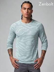Zenbolt Men's Crew Neck Raglan Long Sleeve Tee Allover Wave Camo Print, Waffle Mesh Fabric, Slim Fit For Daily Casual Wear - Mint Green - View 3