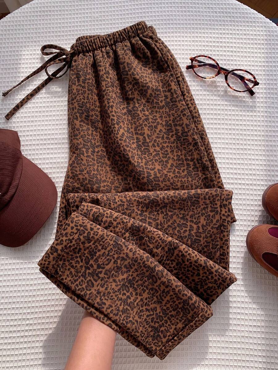 Women's Summer Lightweight Breathable Leopard Print Casual Pants, Elastic Waist With Drawstring, Loose Drapey Wide Leg Long Pants - Coffee Brown - View 1