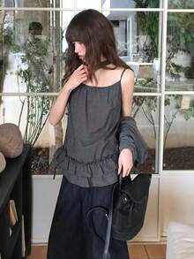 Set Atasan Rajut Camisole Motif Kotak-kotak Abu-abu Musim Gugur, 2 Potongan Elegan - Grey - View 7