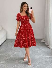 Women's Floral Print Dress, Comfortable And Stylish, Elegant Midi Length, Short Sleeve, Plus Size, Peasant Style, Princess Sleeve, Evangelical, Elasticated, Romantic - 查看 2
