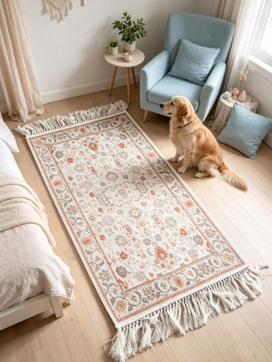 1pc Vintage White Tassel Rug, Decorative Carpet, Bedroom Decor, Small Rug, Carpet, Home Decor, Living Room Rug, Living Room Small Rug, Bedroom Carpet, Living Room Home Decor, Outdoor Rug, Washable Carpet - Multicolor 3 - View 1
