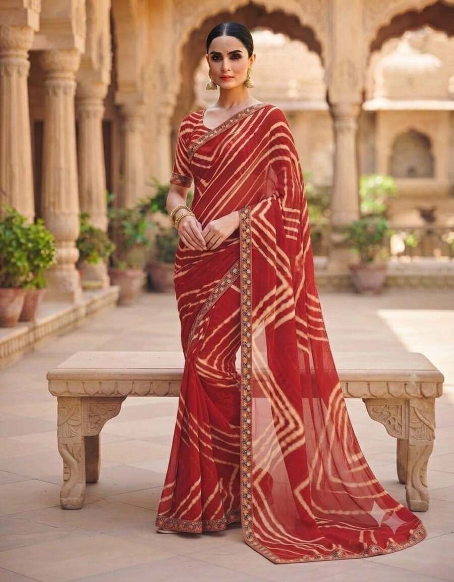 Estationeryhouse Chiffon Saree With Coloured Stripes With Unstitched Blouse - Red - View 1