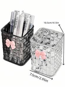 1pc Luxury Woven Texture Transparent Storage Box, Multi-Functional Stationery And Cosmetic Organizer, Decorated With Cute Bow, Space-Saving And Tidy - Pen Holder - View 2