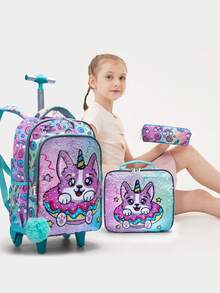 BLING BABIES 3PCS Teens Wheeled Travel Bag, Double-Sided Green Cartoon Puppy Sequins Design Bookbag For Students, With Handbag And Pen Bag Nighttime Reflective - Green - View 8