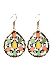 TopHanqi 1 Pair Macaron Colorful Glazed Water Drop Earrings, Vintage Antique Gold Bohemian Hollow Long Dangle Earrings For Women - Multicolor - View 6