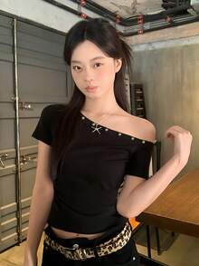 Yorily Asymmetrical Ruched Waist T-Shirt For Women, Asymmetric Asymmetrical Shoulder Crop Top With Short Sleeves, Summer Casual Black - Black - View 4