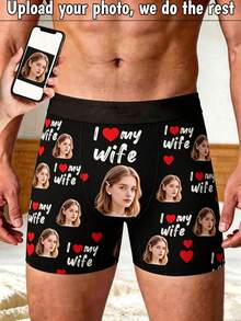 1pc Men's Customized Wife Face Heart Print Boxer Briefs, Soft Elastic Fabric, Romantic Personalized Valentine's Day Underwear - Multicolor - View 1