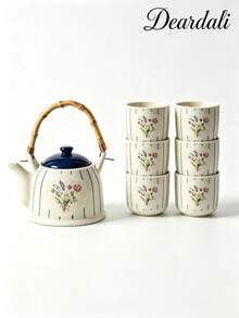 DearDali 1 Set Modern Minimalist Striped Floral Ceramic Teapot Set, Home Tea Cups, Teapot With Tray, Gift Box Packaging, Suitable For Afternoon Tea, Family Gathering, Living Room Decoration, Friend Gift - Multicolor - View 13