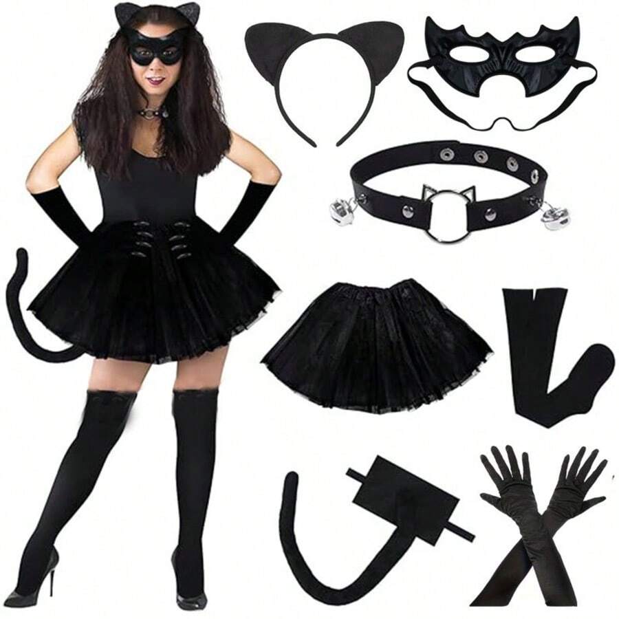 Women's Halloween Costume, Black Cat Costume Set With Cat Ear Headband Bow, Halloween Cosplay Outfit, Suitable For Teens 14+ - Multiple Styles - View 1