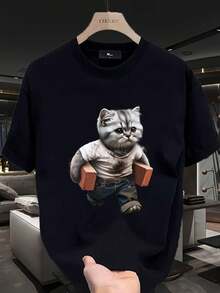 Men's Cotton T-Shirt, Funny Cat And Goat Print - Casual Crew Neck Short Sleeve Summer Top - Machine Washable - Black - View 1