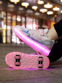 女孩 LED 充電發光輪滑鞋，多功能可變形輪滑鞋，可拆卸輪子，適合四季穿著 - 粉色 - 查看 7