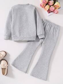 Tween Girl Cat Print Crew Neck Sweatshirt And Flare Pants Casual Set - Grey - View 2