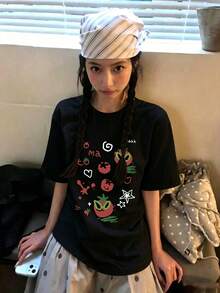 日式大尺碼女款寬鬆休閒圓領卡通番茄與水果印花短袖T恤，春夏白色黑色 - 黑色 - 查看 5