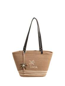 Borsa tote in paglia da donna, ricamo di alberi di cocco con ciondolo di perline, borsa a spalla casual estiva da spiaggia - Cachi - Visualizzare 2