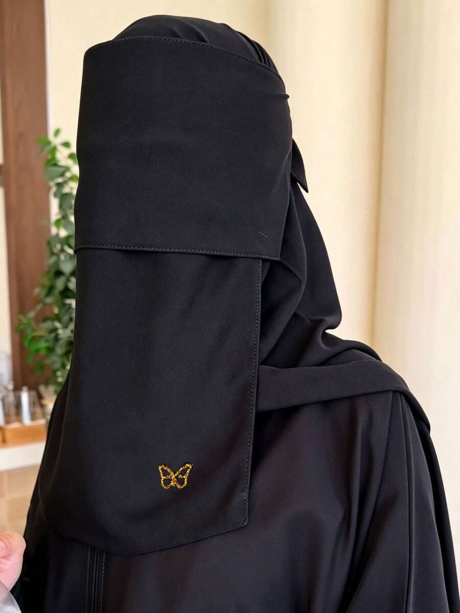 1PC Women's Black Gold-Splattered Heart Niqab, Solid Color Eye-Covering Full Face Veil, Muslim Traditional Face Mask