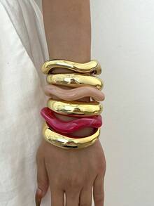 6/3/1pc Vintage Minimalist Wave-Shaped Acrylic And Resin Open Ring Bangle Set For Women, Suitable For Daily Wear, Stackable, Perfect Gift For Holidays - Multicolor - View 3