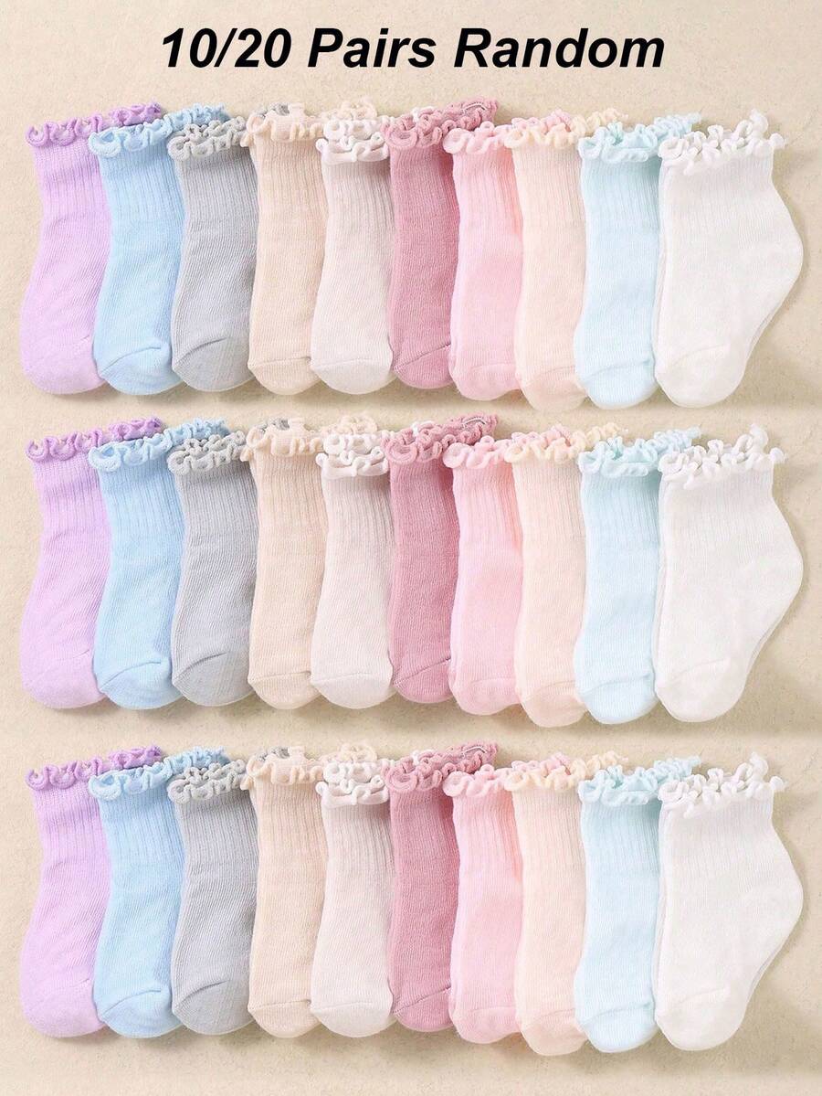 20/10 paires de chaussettes pour bébé fille, style aléatoire, design à volants | Chaussettes à volants décontractées | Fournitures pour bébé | Toutes saisons | Chaussettes pour bébé | Chaussettes pour nouveau-nés - Multicolore - Voir 1