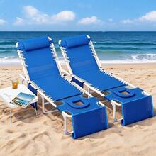 Juego de 2 bancos reclinables de exterior para jardín - 3 en 1 con orificio facial y mesa lateral plegable - 5 posiciones ajustables,estructura textilene resistente,Ideal para piscina, terraza y patio - Azul marino - Ver 1