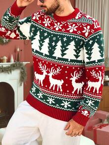 Christmas New Jacquard Vintage Reindeer Christmas Tree Snowflake Knit Crew Neck Sweater - Red - View 3